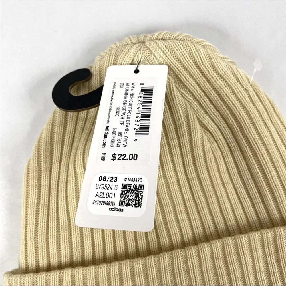 Adidas Women’s Fit Beanie 4”Cuff Fold Aluminum Beige‎ OSFW Ribbed Knit Cap NWT